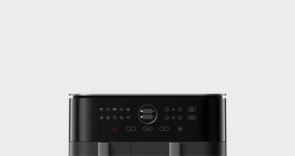 Panel táctil de la freidora Xiaomi con los nueve programas, el modo M y los botones L, L+R, R y SYNC