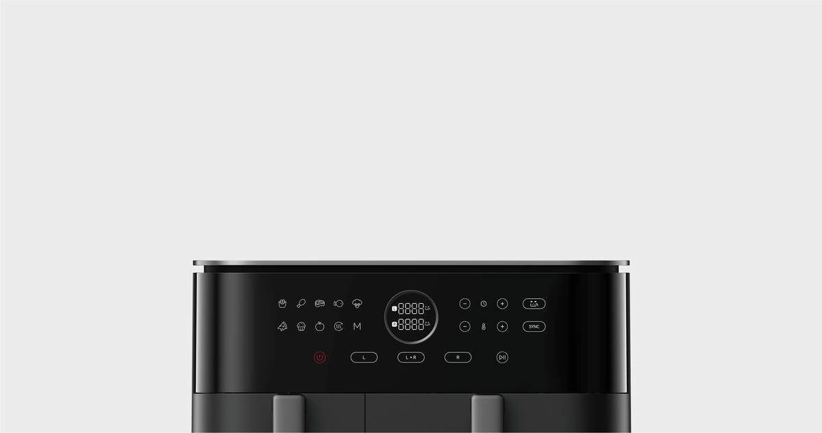 Panel táctil de la freidora Xiaomi con los nueve programas, el modo M y los botones L, L+R, R y SYNC