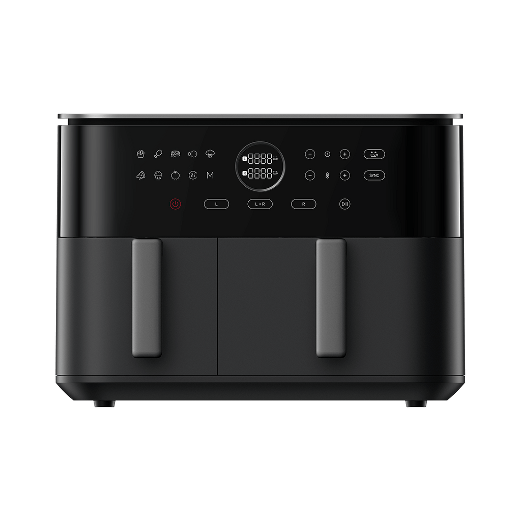 Freidora de aire Xiaomi Dual Zone 10L en negro, vista frontal con las dos cestas cerradas y el panel táctil
