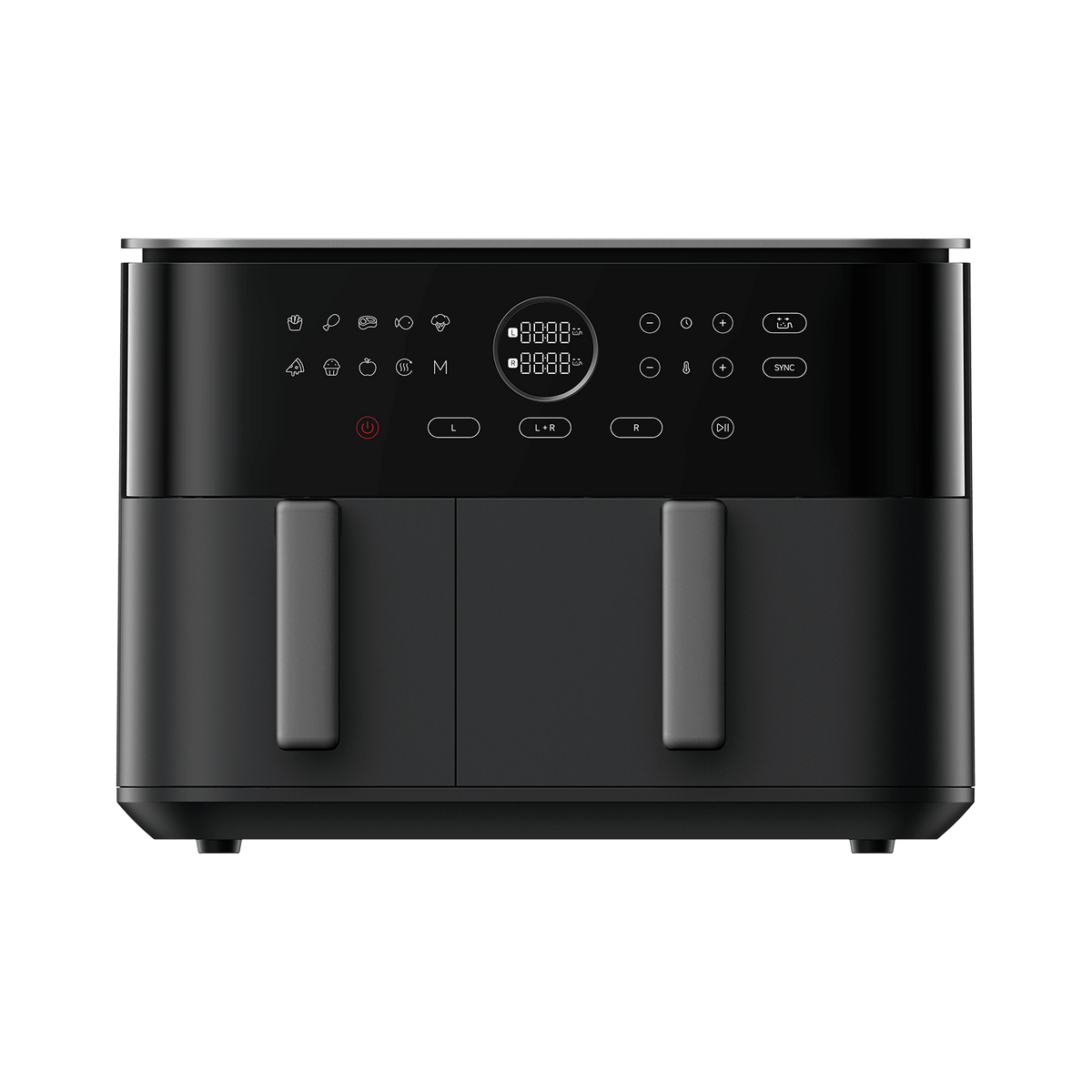 Freidora de aire Xiaomi Dual Zone 10L en negro, vista frontal con las dos cestas cerradas y el panel táctil